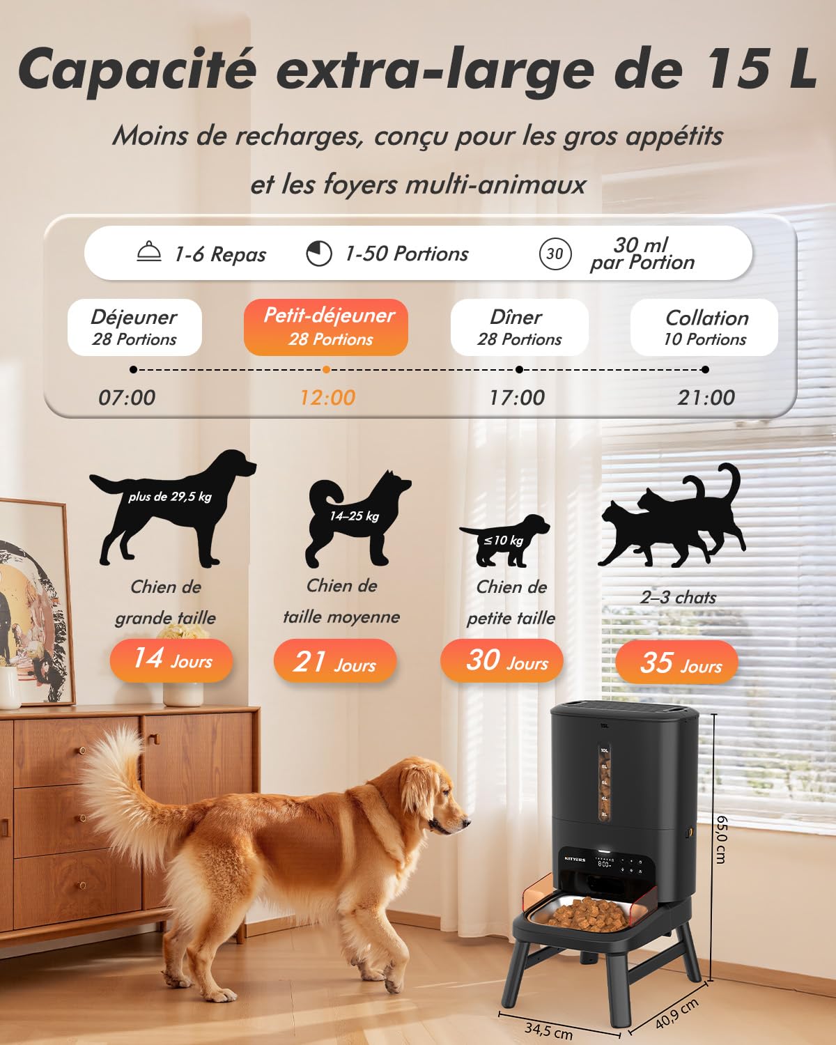 Distributeur Croquettes Chien Automatique, 15L Grande Capacité | Croquettes Jusqu'à 18mm, Support Réglable en 2 Hauteurs, Alerte Niveau Bas, pour Chien de Grande Taille et Chats Multiples