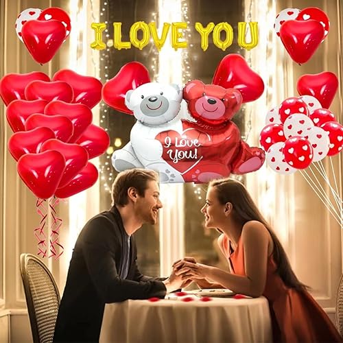 Miniatura 6 de BACOKEY Kit de globos y globos de corazón con 1000 pétalos de rosa, globos de corazón rojo de oso de amor para decoraciones de fiesta del día de San