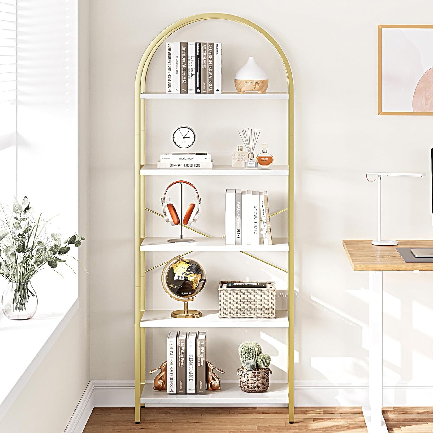 IDEALHOUSE Bookshelf 5 Tier Bookcase Arched Display Racks Tall Standing Bookshelves Metal Frame Modern Storage Rack Shelf Large Wood Book Shelf for Bedroom, Living Room, Home Office, White/Gold - Image 3