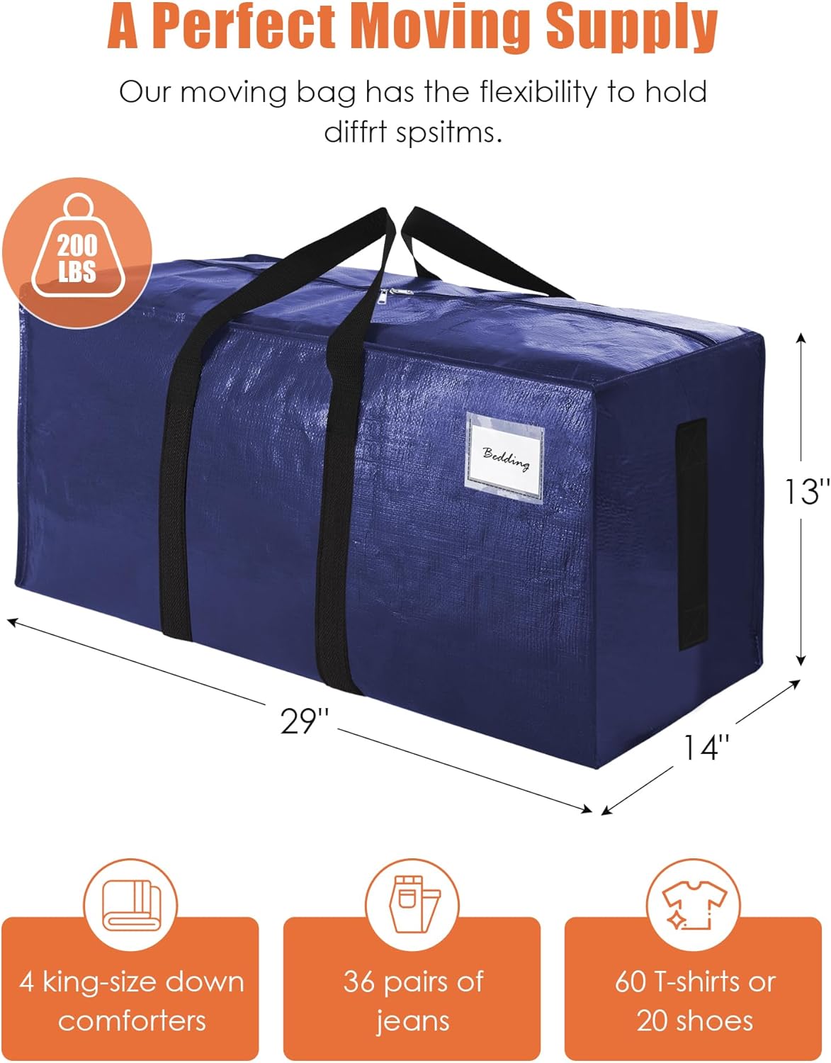 SWEET DOLPHIN 8 Pack 200LB Heavy-Duty Moving Bags with Wrap-Around Handles, Extra Large Storage Totes for Space Saving, Clothes Storage Bags, College Dorm Essentials, Blue, 24 Gal