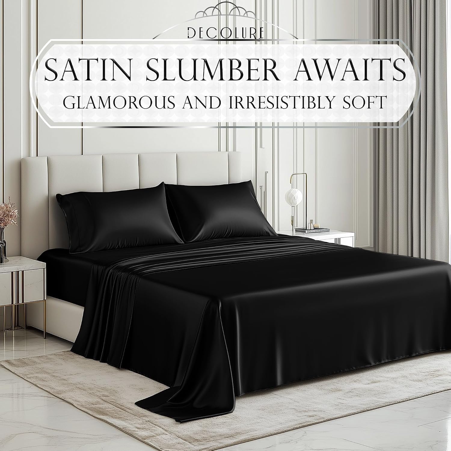 DECOLURE Parure de lit 4 pièces, 8 Couleurs, en Satin de Soie – avec 2 taies d'oreiller, Drap-Housse en Satin – pour lit Double – Noir