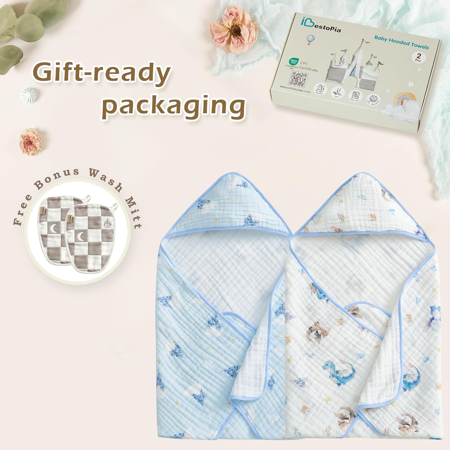 Hooded Baby Bath Towels 2 Pack 32x32 Inch, 100% Cotton Soft & Highly Absorbent, Blue Castle & Baby Dragon Design, Baby Towel Set with Wash Mitts, Gentle for Newborn, Infant & Toddler