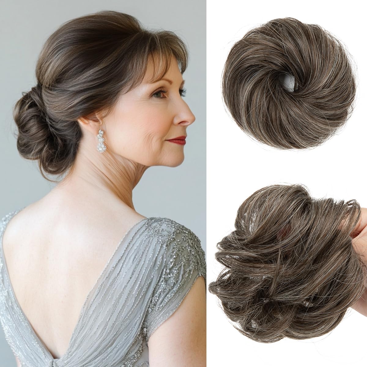 Photo 1 of CJL HAIR 2PCs Small Cute Messy Bun Hair Piece for Thin Hair Women Mini Synthetic Curly Bun Scrunchies Updo Hairpieces Pepper Brown
