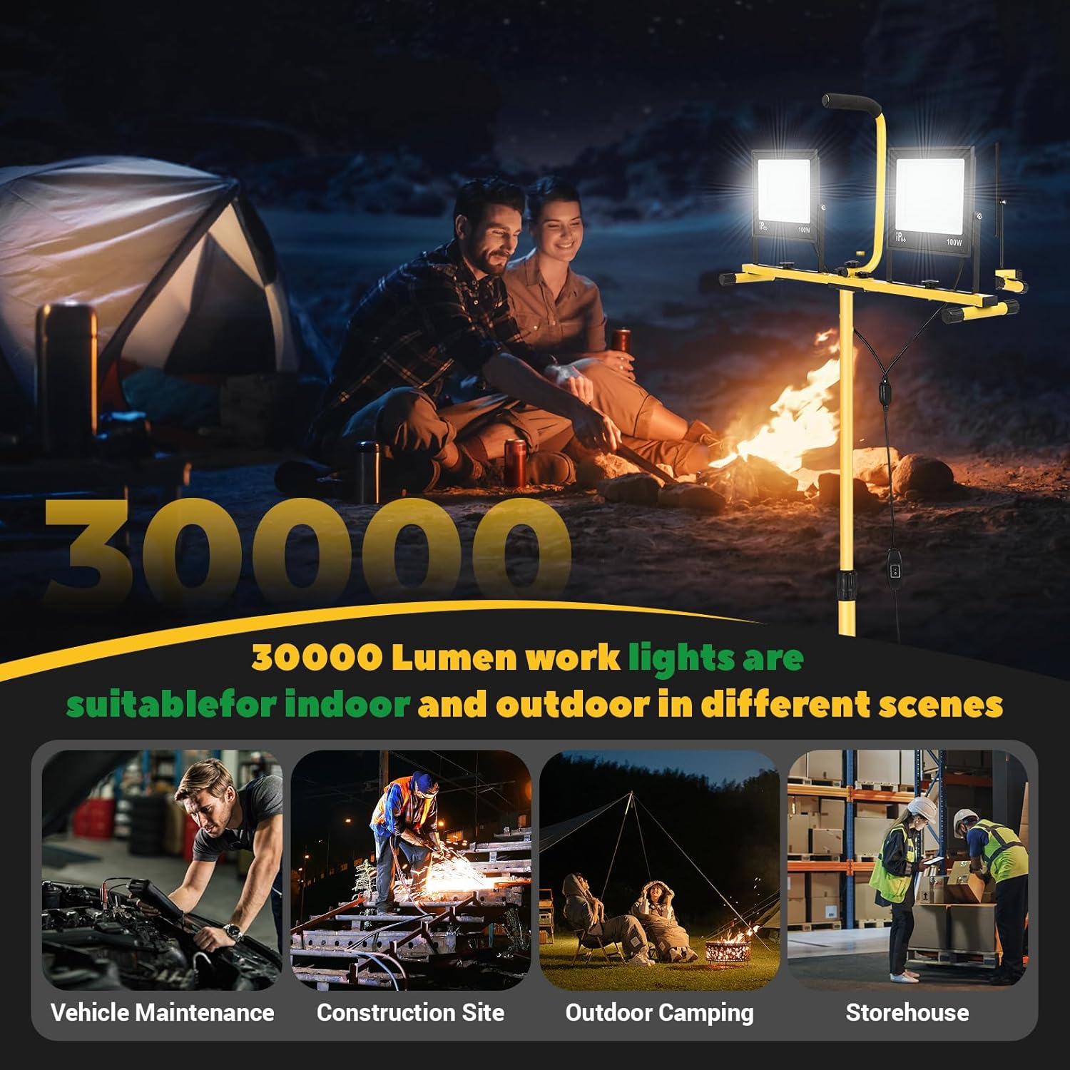 Dollate 30000 Lumen LED Work Lights with Stand, 2 Head, Foldable IP66 Waterproof Tripod Worklights for Workshop, Garage, Construction Site Lighting