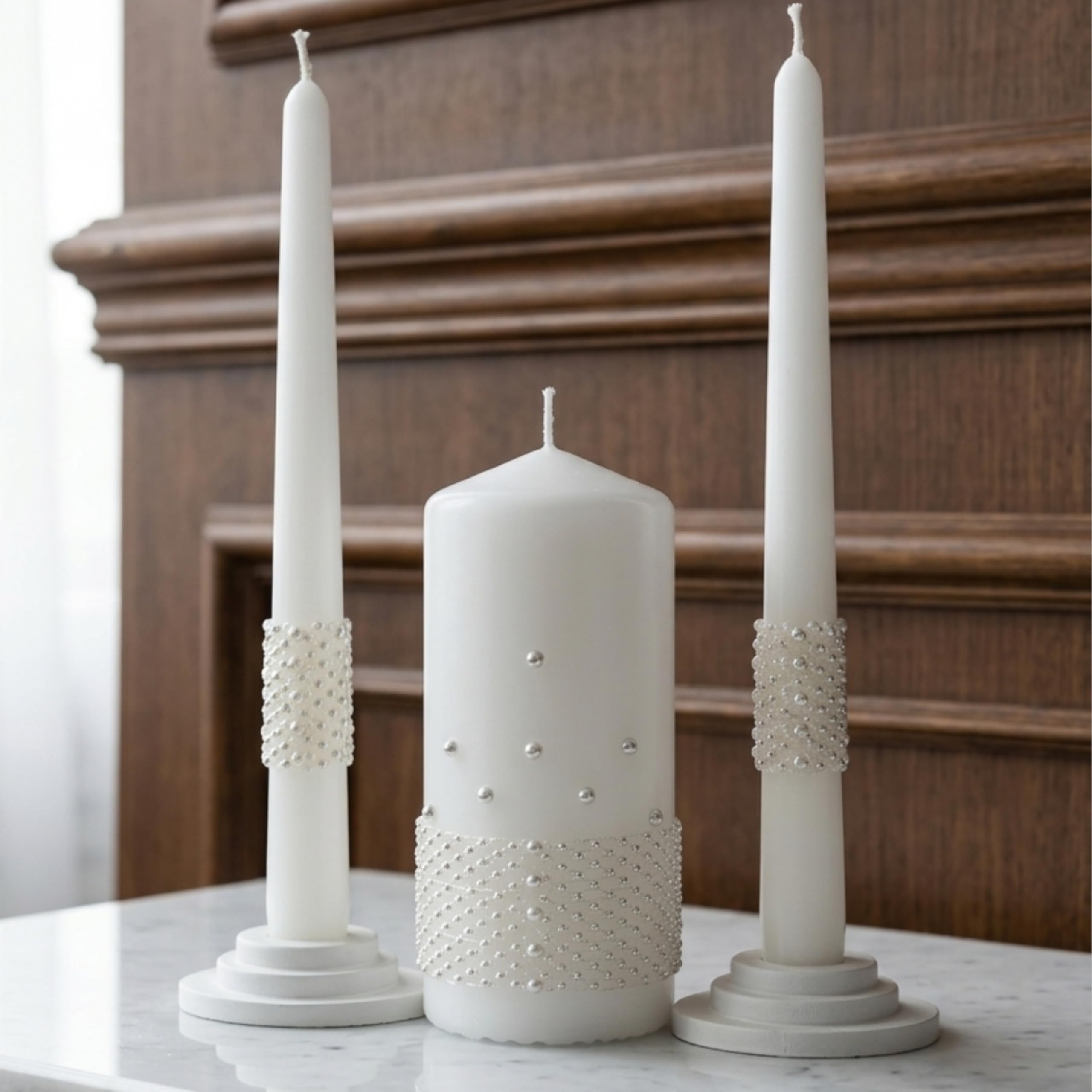 Unity - Set di candele per matrimonio, set di candele da 15 cm e 2 coni da 22,5 cm, unico colore al quarzo (quarzo bianco)