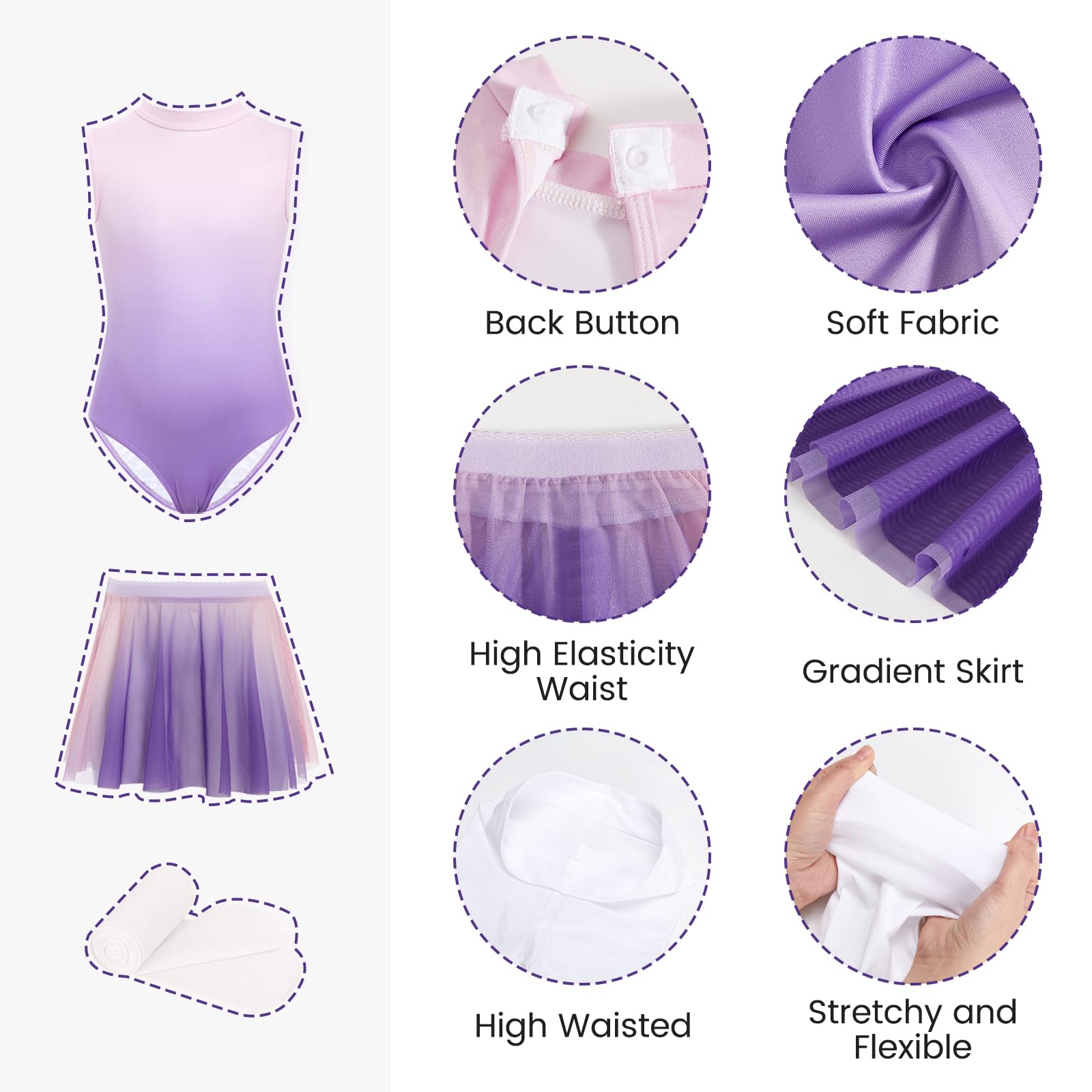 JiAmy Body da danza per ragazze, 4 pezzi, con gonna rimovibile, colore sfumato, vestito da danza con collant elastici 4-12 anni