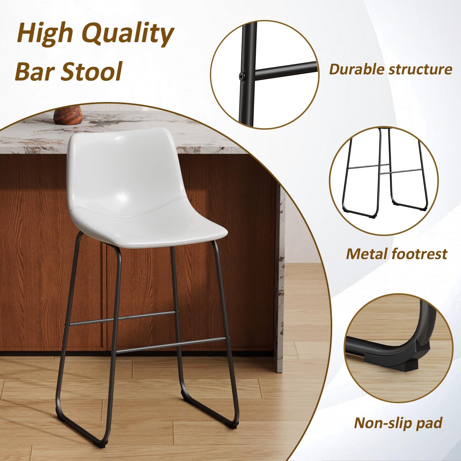 26 Inch Counter Height Bar Stools Set of 4, PU Leather White Counter Stools, Counter Height Bar Chairs with Back, Height Barstool with Metal Legs and Footrest, Modern Armless Kitchen Barstool