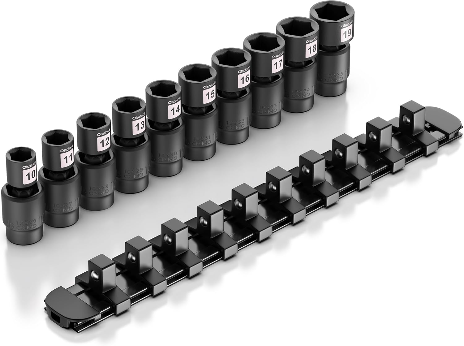 Olsa Tools Swivel Impact Socket Set, 3/8" Drive Metric - Pinless Universal Joint Sockets - Impact Swivel Socket Set - Drop-Forged Cr-Mo High Torque Wobble Sockets with Rail - Part: 1759