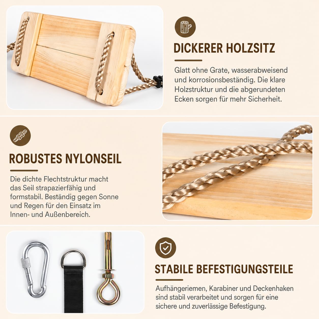 Holz Schaukel Outdoor/Indoor | Stabile Familienecke bis 160kg mit verstellbaren Seilen | Sicherer Schaukelsitz für Kinder & Erwachsene (40x16x3cm) | Für Garten, Terrasse, Balkon