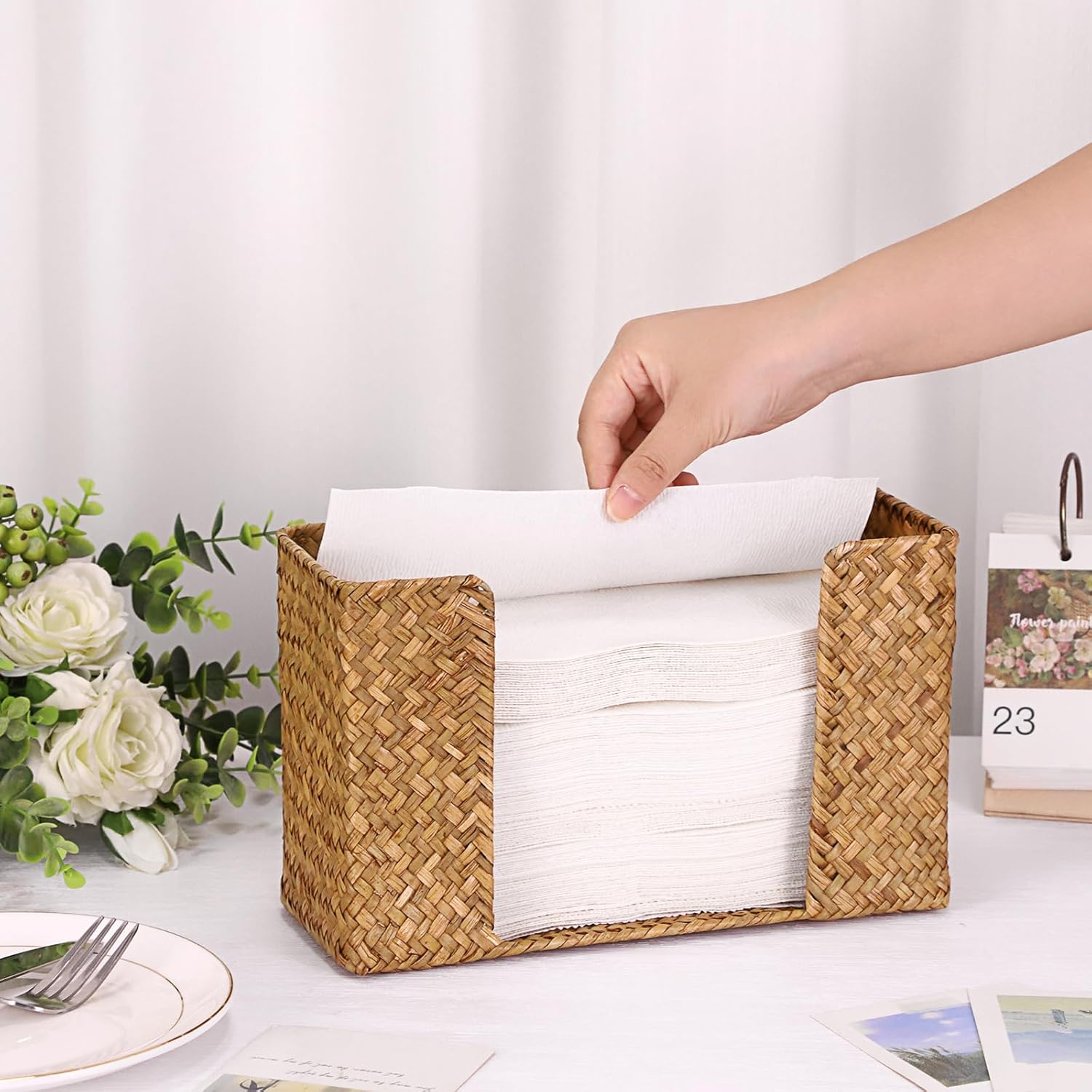 Sumnacon Folded Paper Towel Holder Wicker Countertop Paper Towels Dispenser for Bathroom Toilet Kitchen Restaurant, Farmhouse Woven Napkin Holder Organizer for Multifold C-Fold, Trifold Hand Towels - Image 5