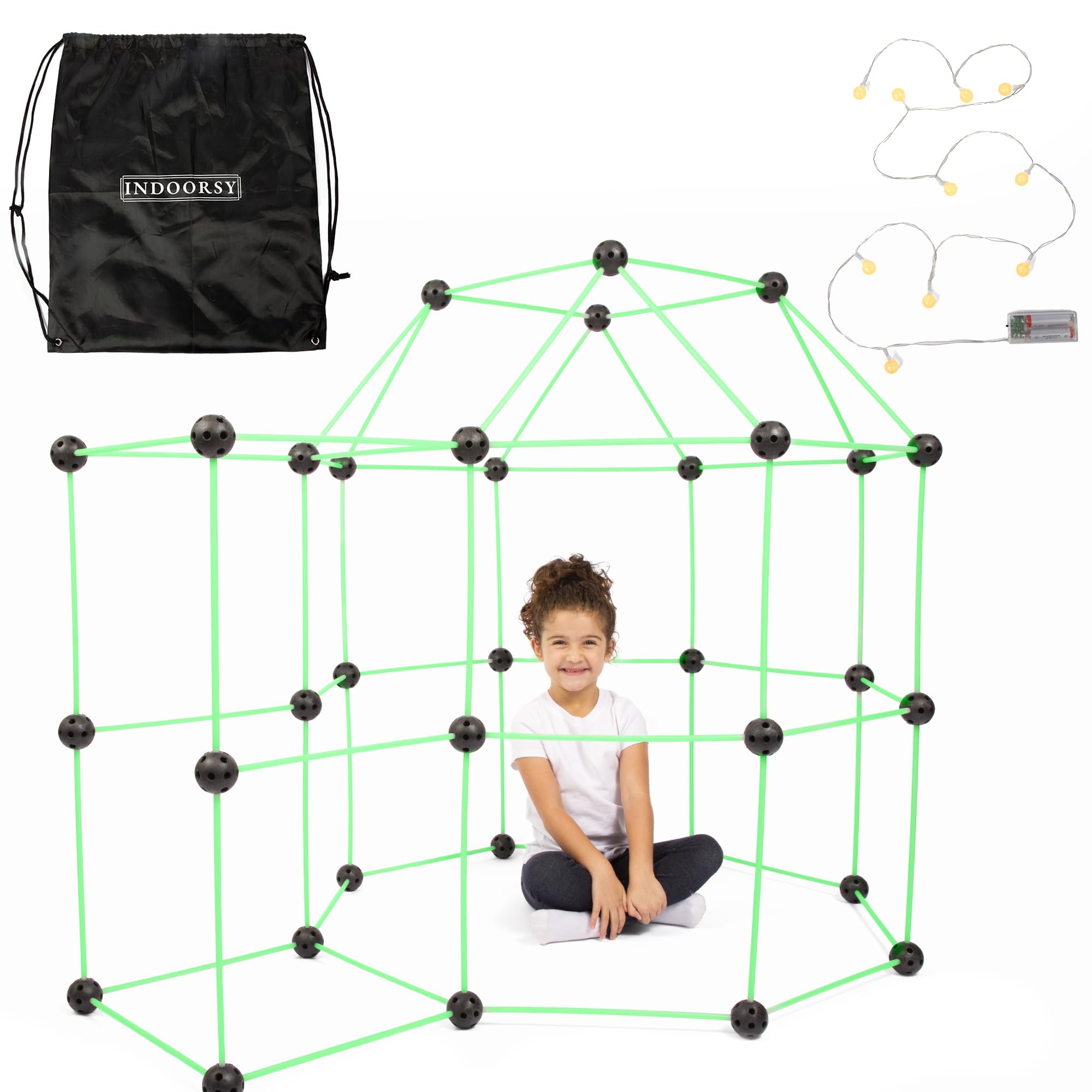 INDOORSY 100pc Glow in The Dark Kids Fort Building Kit for Kids 4-8 and up | Tiny Home Kit for Indoor Fun | Toys for Kids Magic Fort Building Kit with Box, Storage Bag, Lights | Play Fort for All