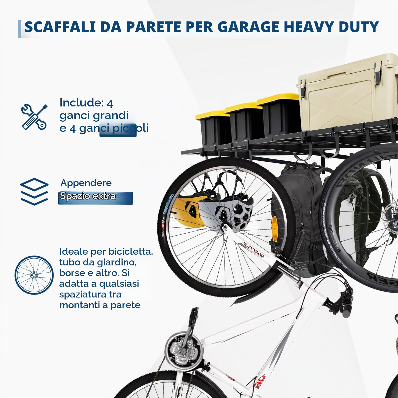 Set di 2 mensole da parete per garage - Scaffali in metallo pesante - Portata 400kg - Ganci inclusi - Soluzione salvaspazio per garage, officina, casa - Montaggio a muro facile - 2*4ft 2pcs