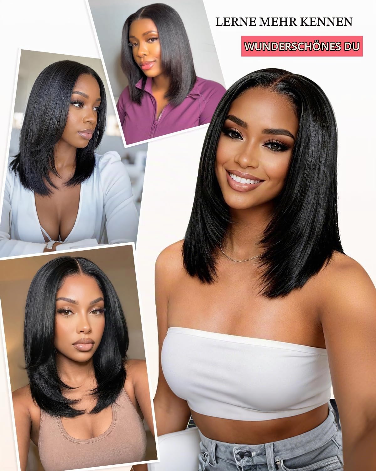 Layered Cut Straight Bob Wig Human Hair,9x6 Glueless Wig Human Hair with Drawstring Pre Cut Pre Plucked Echthaar Perücke Lace Front Wigs Ready to Wear Straight Bob Perücke Damen Echthaar 10 Zoll