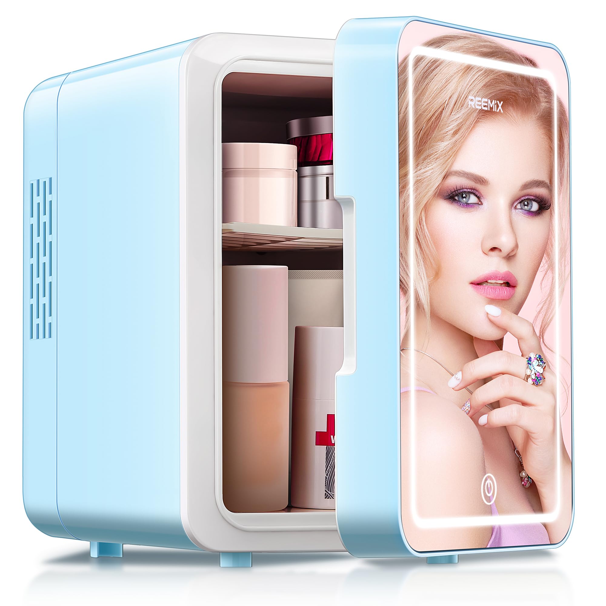 Reemix Skincare Fridge, Mini Beauty Fridge with LED Mirror, 4L Portable Small Refrigerator for Bedroom, Car, Office & Dorm, Cooler & Warmer (Aqua)