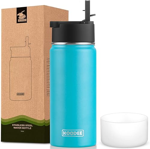 Koodee - Botella de agua de acero inoxidable con tapa para popote, termo de boca ancha de 32 oz con doble pared, aislada al vacío, para deportes,