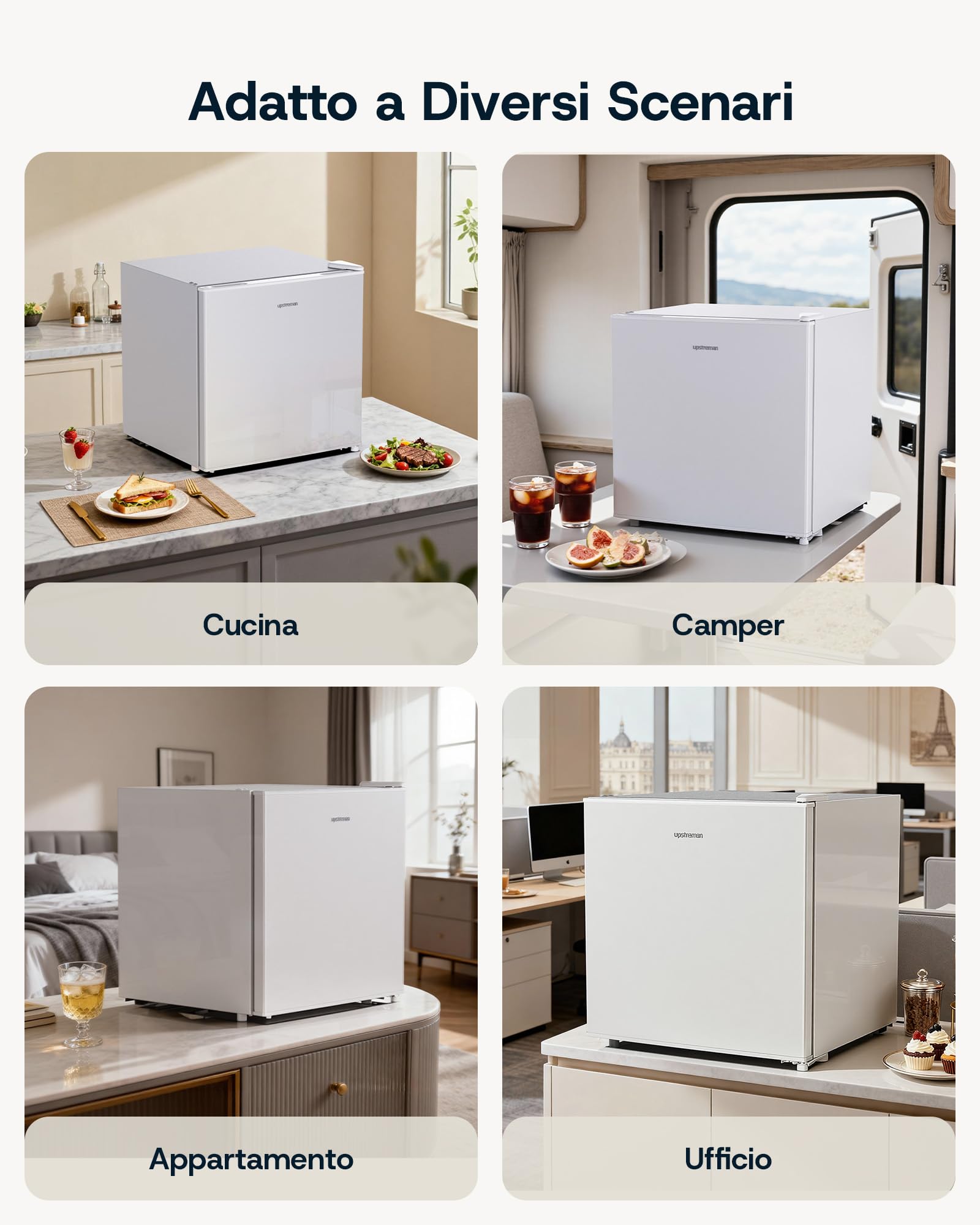 Upstreman 35L Mini Congelatore Compatto, 4 Stelle Congelatore Piccolo -24℃,Porta Reversibile,Silencieux,Risparmio Energetico,Mini Freezer per Camera,Ufficio,Hotel,Bianco,UF35