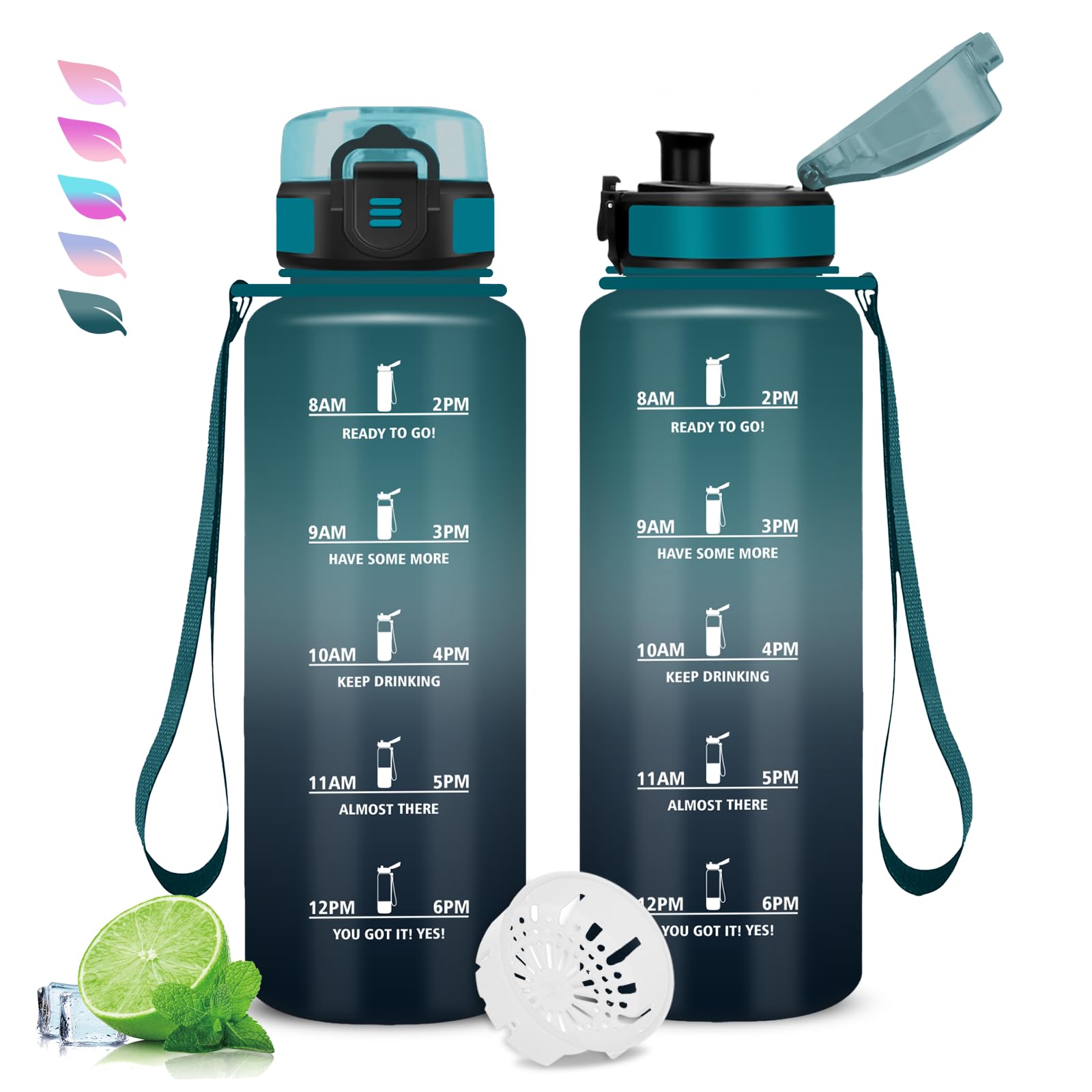 Drinkfles, 1.5 liter, fitness-drinkfles, lekvrij, motiverende waterfles, gemakkelijk te reinigen, sportfles, gegradueerde waterfles, met filter, drinkflessen voor camping, fitness, yoga