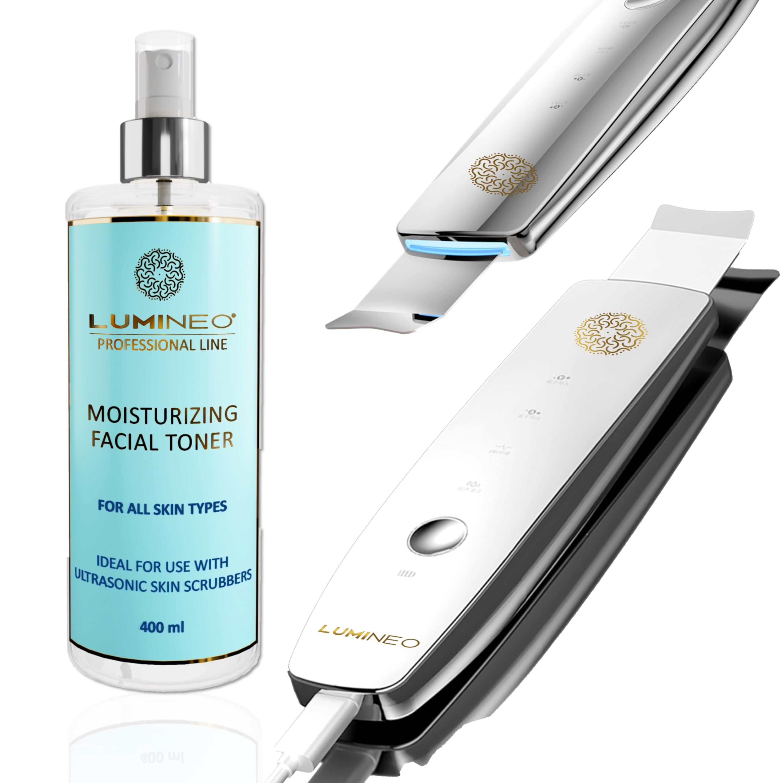 Lumineo Dispositivo esfoliante ad ultrasuoni con 4 funzioni: ultrasuoni, ioni, EMS, LED, rimozione di punti neri, acne, detergente per pori, peeling, tonnellata da 400 ml (Starter Set Lifting)