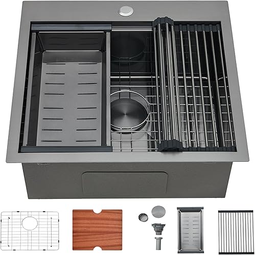 SHACO Fregadero de cocina negro de 21 pulgadas, 21 x 20 pulgadas, montaje superior negro plomizo de acero inoxidable calibre 16, estación de trabajo