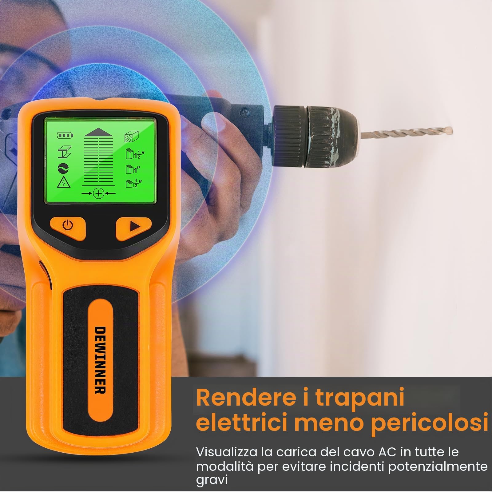 DEWINNER Rilevatore di Parete 5 in 1 Rilevatore di Metalli da Parete con Display LCD Rilevatore di Monti, Scanner a Parete per Localizzare Metalli,Tasselli in legno, Cavi elettrici CA