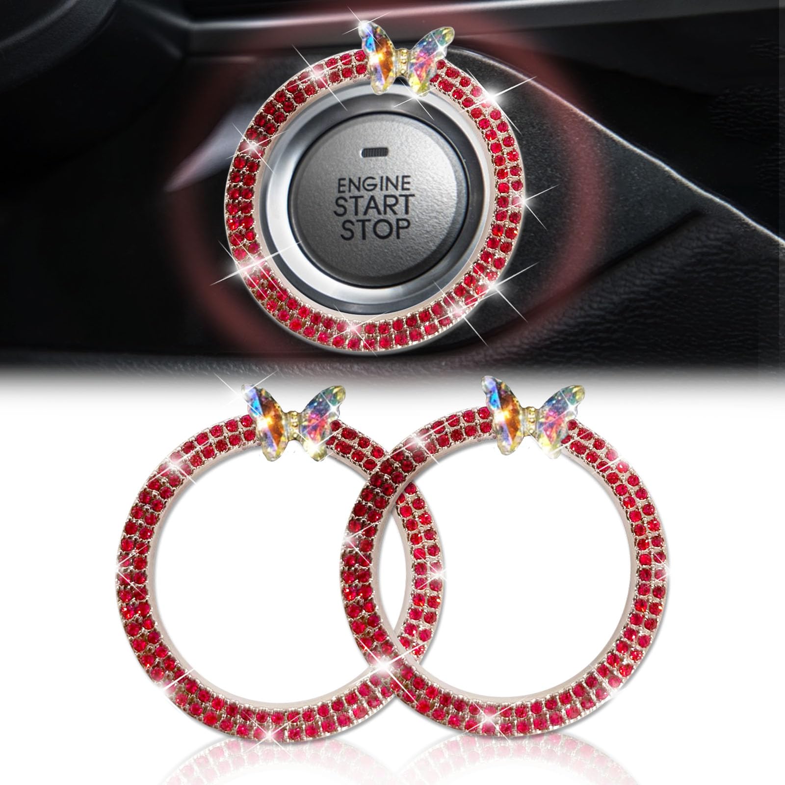 2 PCS Colorful Butterfiy Bling Ring Crystal Double Car Accessories - Bling Car Interior Accessories for Women,Push to Start Button Cover, Key Ignition Starter &amp; Knob Ring for Women,Red