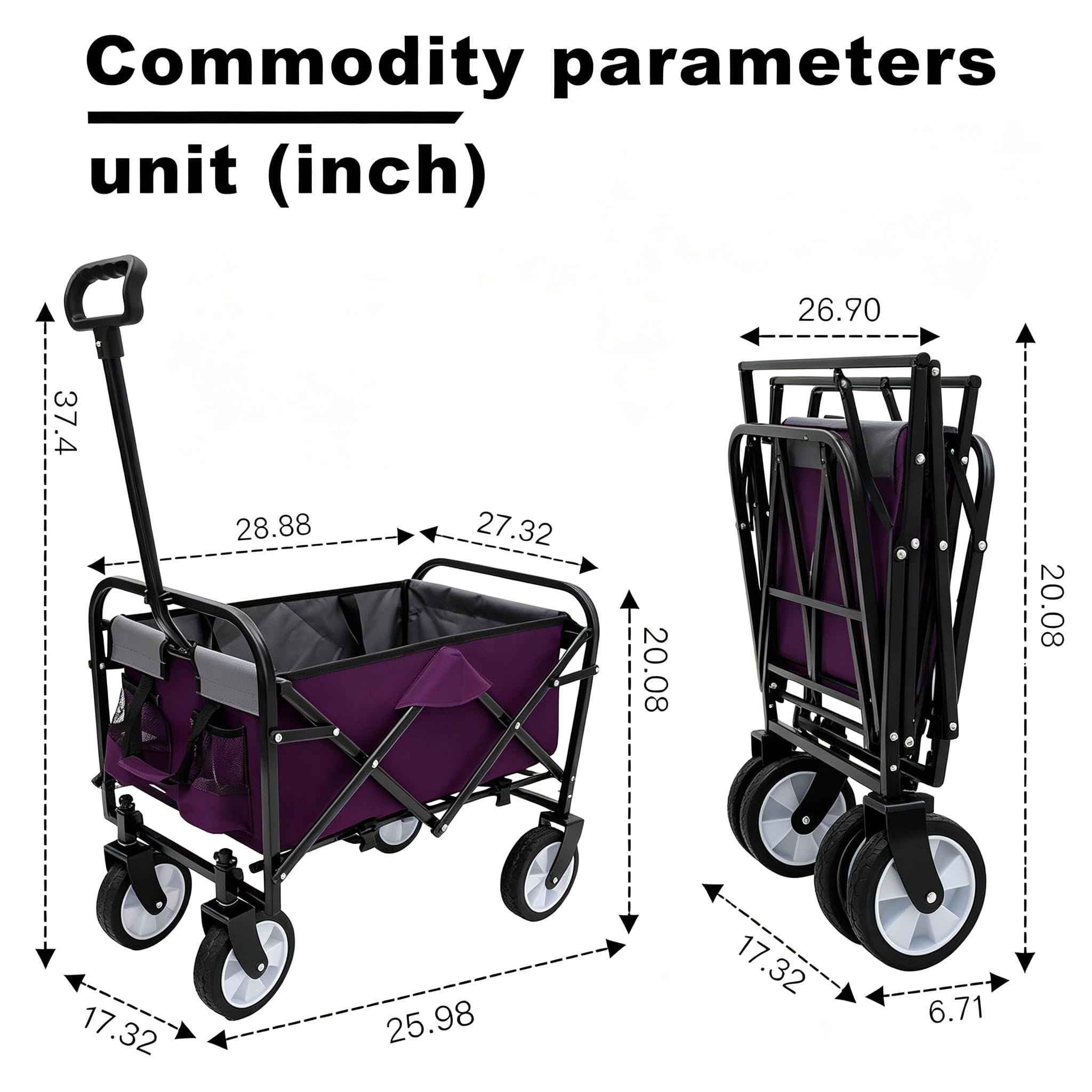 Carrello pieghevole da esterno 3 in 1 – Carrello multiuso con sistema di cinghie, supporta 102 kg, ideale per shopping, campeggio, spiaggia, sport, giardino, viola