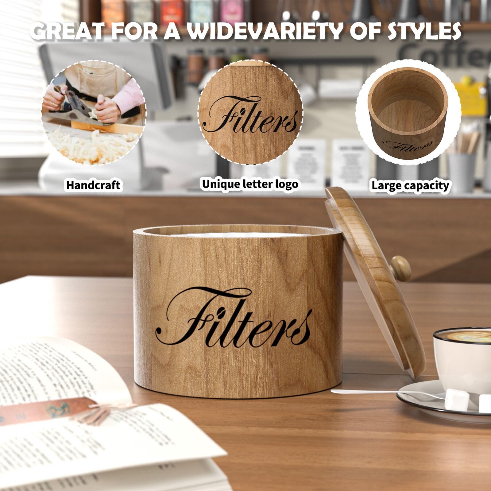 Kaffeefilterhalter, Kaffeefilter-Aufbewahrung aus Holz mit Deckel, rund, Kaffeefilterbehälter für Theke, rustikales Barzubehör, Dekoration (natürlich)
