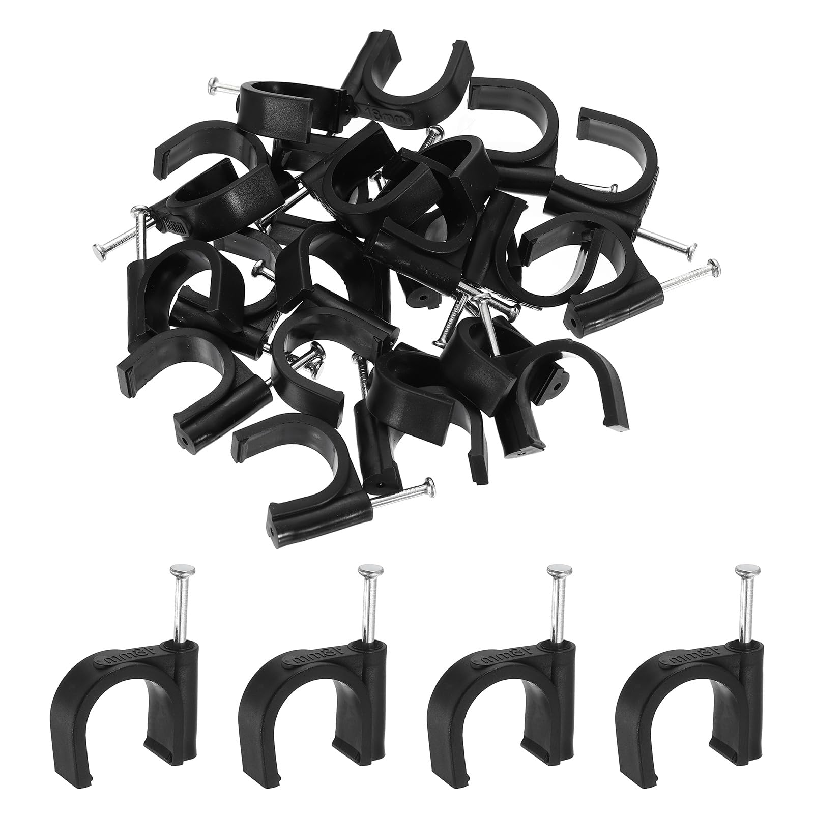 sourcing map 60pcs Cable Clips with Nail 18mm ID Circular Single Half Clamp J-Hook with Nail Cord Clips for Wires on Wall for Ethernet Tacks Coax Pex Tubing Pipe Support, Black