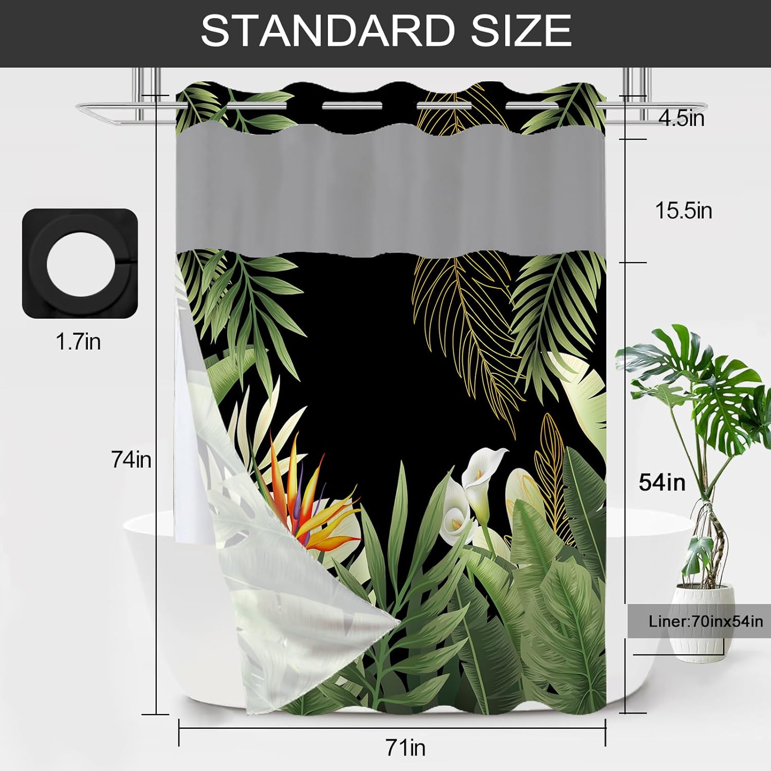No Hook Shower Curtain with Snap in Liner, Tropical Leaf Shower Curtains and Liner Set for Bathroom, Monstera Palm Leaves Floral Fabric Bath Curtain, Waterproof Washable, Black 71" x 74"