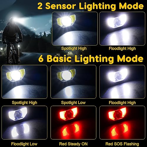 Miniatura 3 de Linterna frontal LED recargable, paquete de 3 linternas con sensor de movimiento para acampar al aire libre, ciclismo, correr, pesca