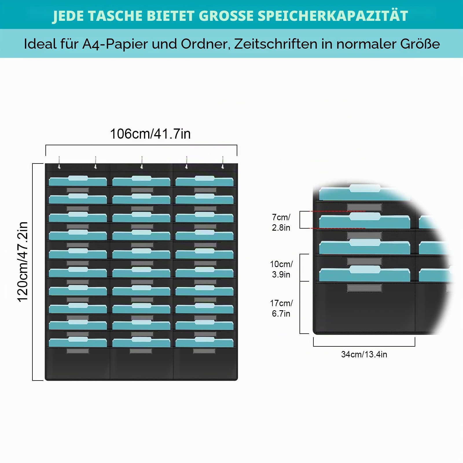KIKIGOAL Hängemappe mit 30 Fächern, robuste Aufbewahrungstaschentabelle mit 30 Namensschild-Taschen für Aktenordner und Papier, Türhaken, Etiketten (30 Taschen)