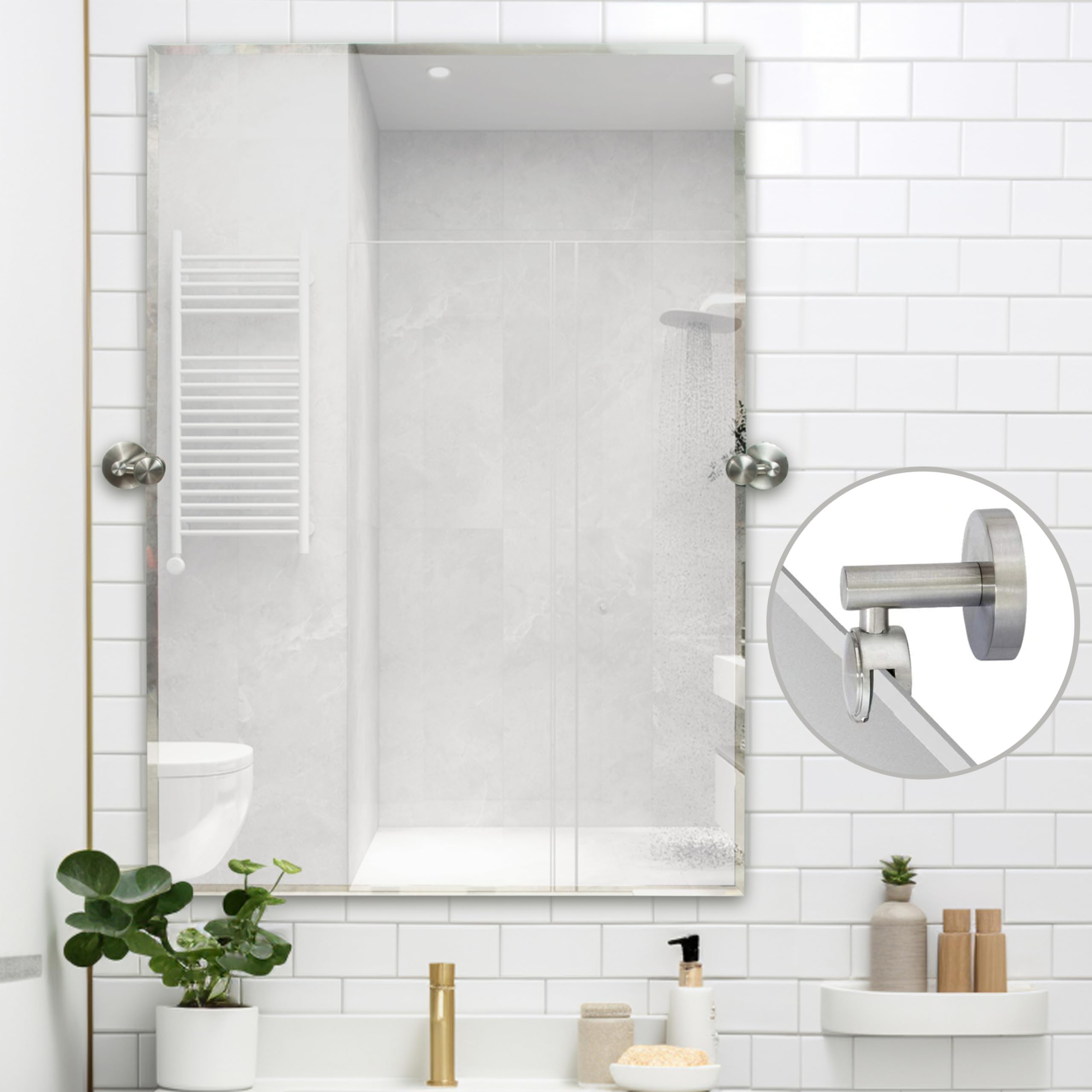 Hamilton Hills 24x36-Inch Frameless Pivot Mirror - Stylish Bathroom Vanity Essential with Brushed Chrome Wall Brackets - Versatile Tilting Design for Farmhouse Charm | Hang Horizontally or Vertically