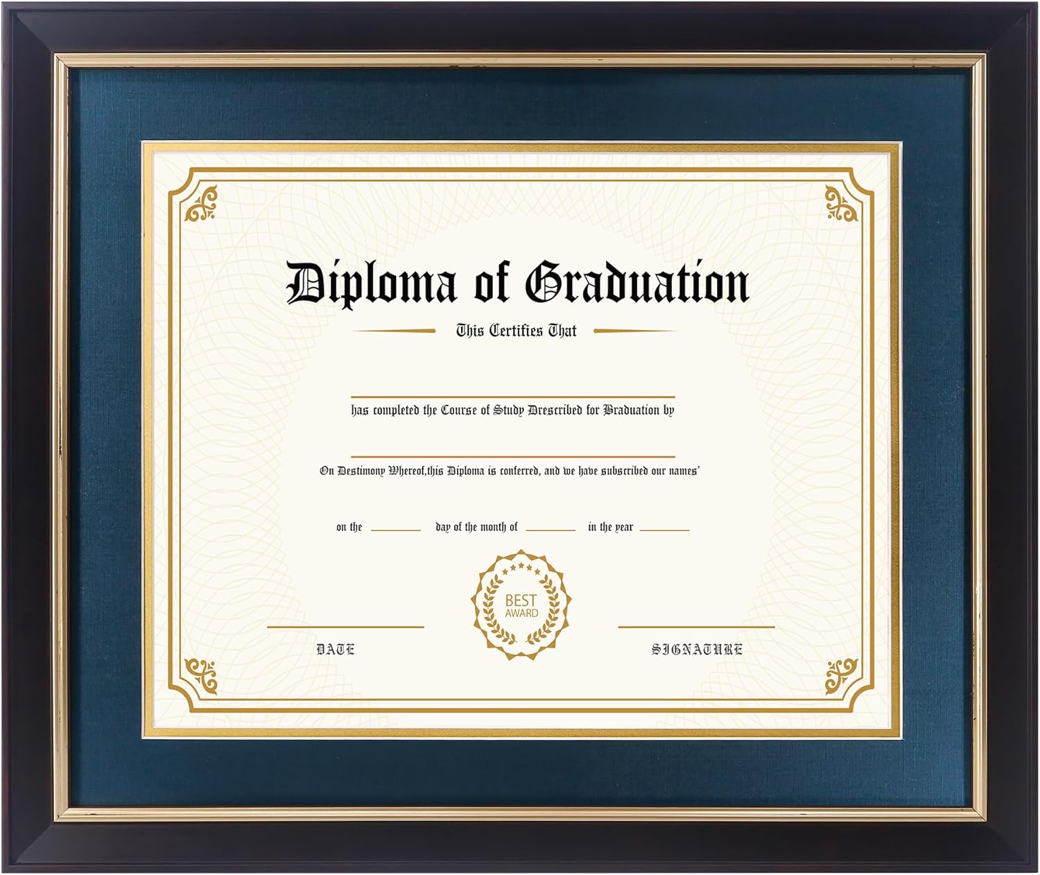 11x14 Diploma Frame with Navy over Gold Mat, 14x17 Certificate Frame, Real Wood with Gold Trim, Black Frame with Arcylic