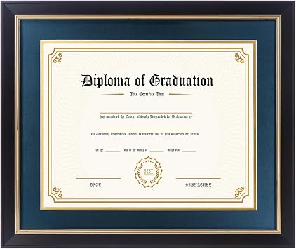 FramePro 11x14 Diploma Frame with Navy over Gold Mat, 14x17 Certificate Frame, Real Wood with Gold Trim, Black Frame with Arcylic