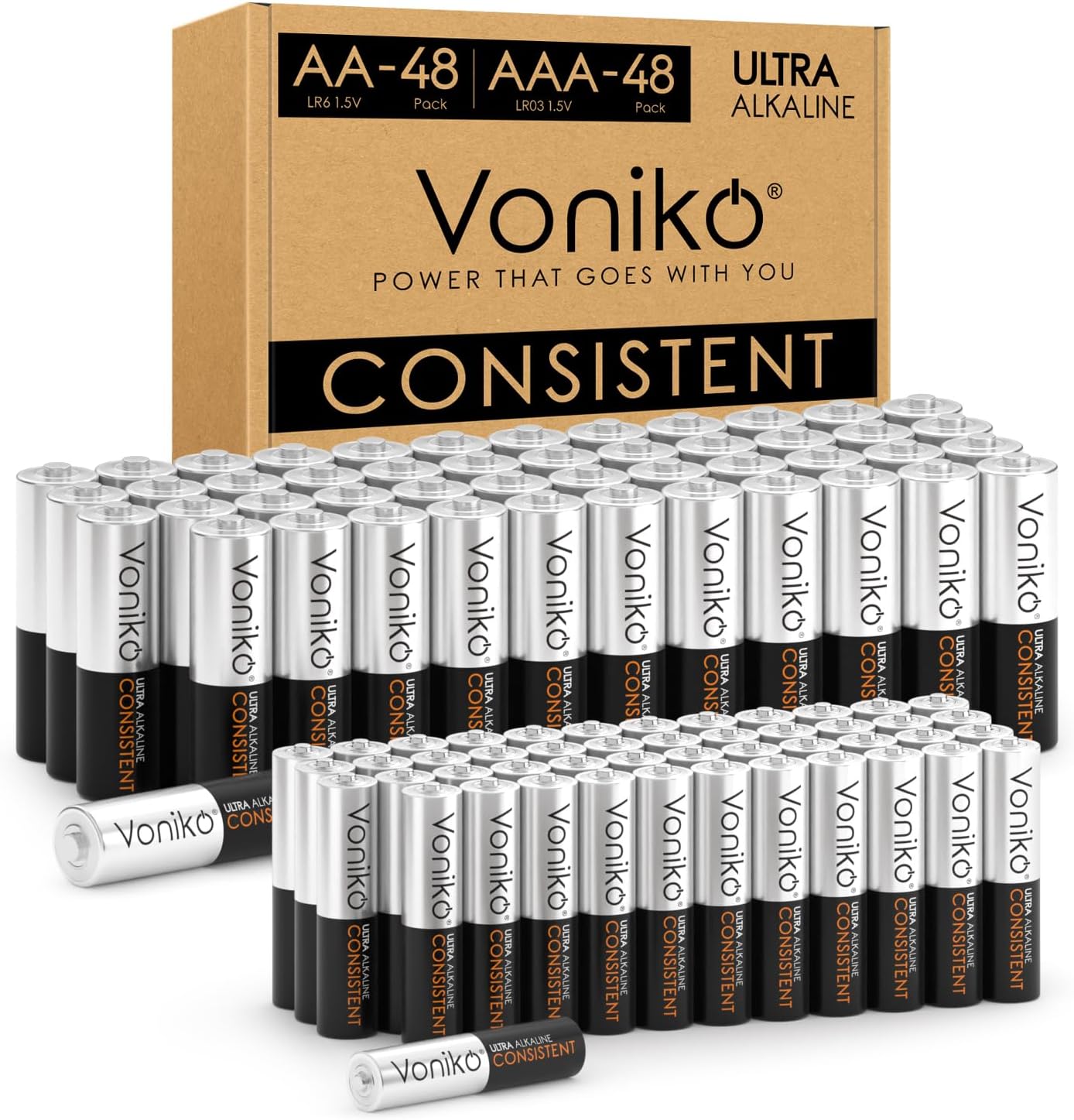 Voniko AA and AAA Batteries 96 Count Combo Pack, 48 Double A and 48 Triple A Batteries, 1.5V Premium Alkaline Battery, 10-Year Shelf Life