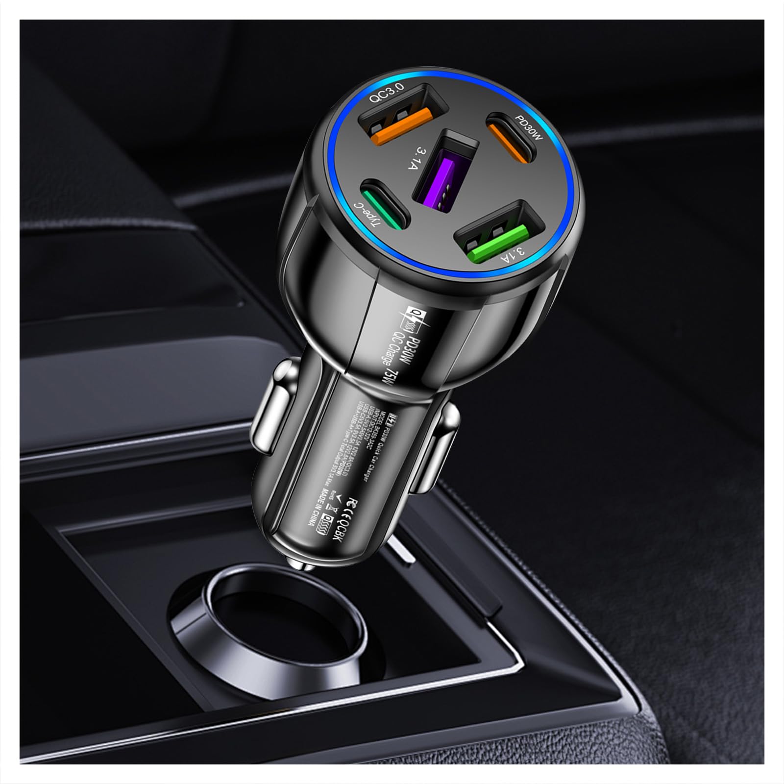 Verbessertes Kfz-Ladegerät USB C mit 5 Ports, 75 W Zigarettenanzünder-Adapter mit Typ-C und QC 3.0 ultraschnellem Ladeanschluss, universeller Kfz-Ladeadapter für Navigator, Dashcam (schwarz)