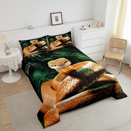 Miniatura 3 de Juego de edredón de serpiente, tamaño Queen, juego de edredón de serpiente amarilla, juego de ropa de cama de reptiles 3D, escamas amarillas de