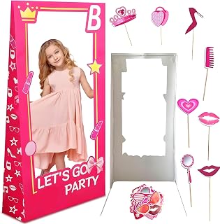 4.4 Ft Tall Photo Booth Props for Girls Birthday Party, Life Size Stand-in Cardboard Cutout Comes with Fixed Bracket for Photoshoot, Pink Girls Princess Party Decorations, Let's Go Party Supplies