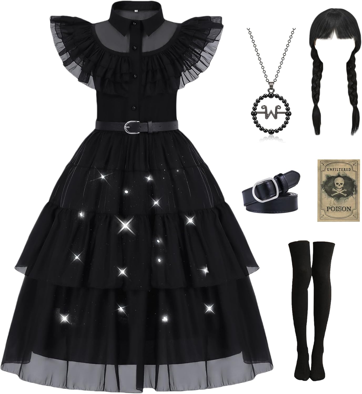 Light Up Girls Black Dress Halloween Costume with Wig and Accessories