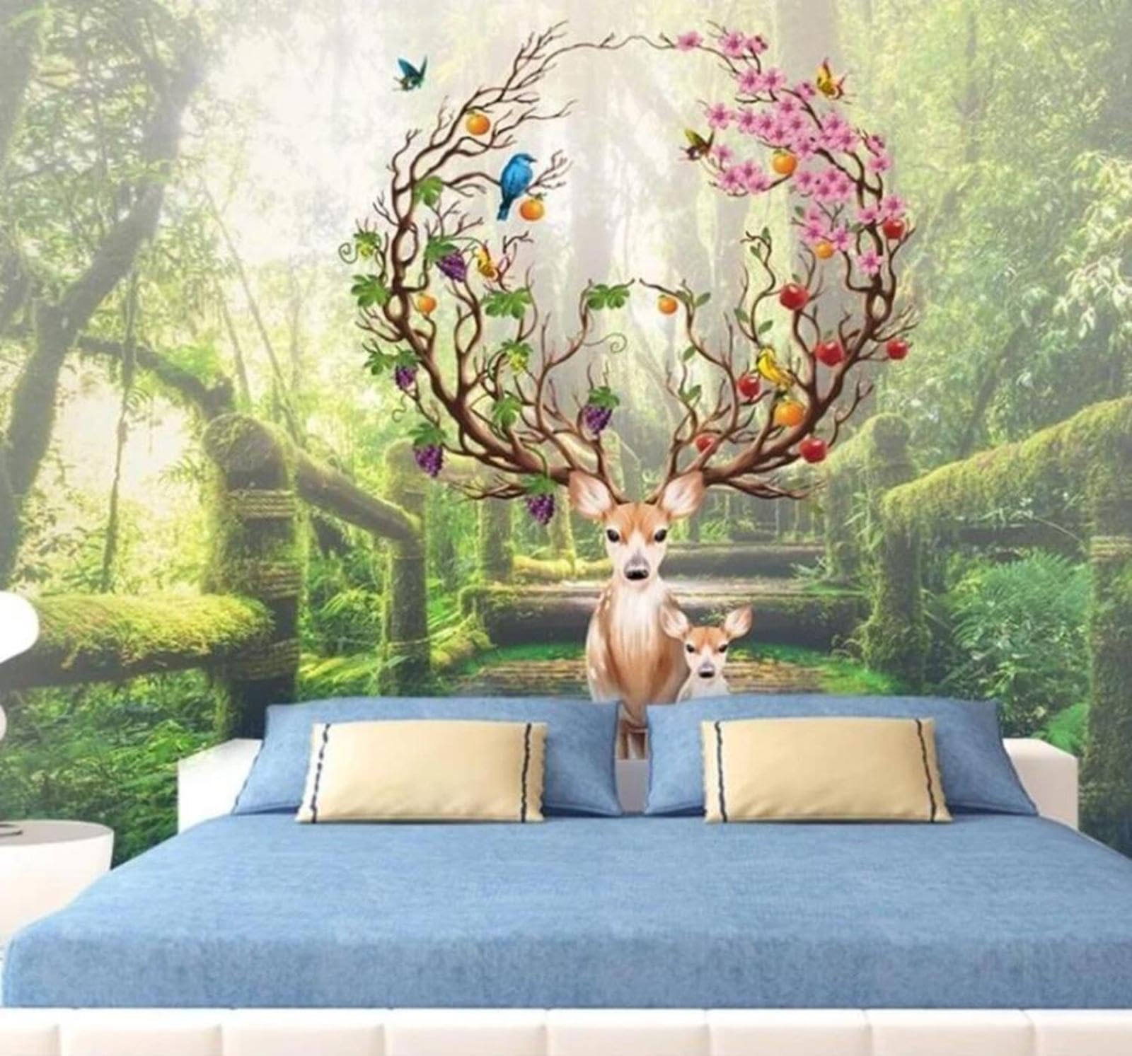 Tzxztt 350Cm×256Cm(B×H) Hand Drawn Ethereal Forest Flowers Reindeer Landscape Modern 3D Wallpaper Premium Textured Silk Neutral Tones Material Ideal For Living Room Bedroom-350Cm×256Cm