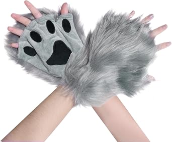 Jmkcoz Wolf Paw Gloves Faux Fur Plush Fingerless Fox Cat Gloves Animal Cosplay Halloween Fancy Party Costume Accessories