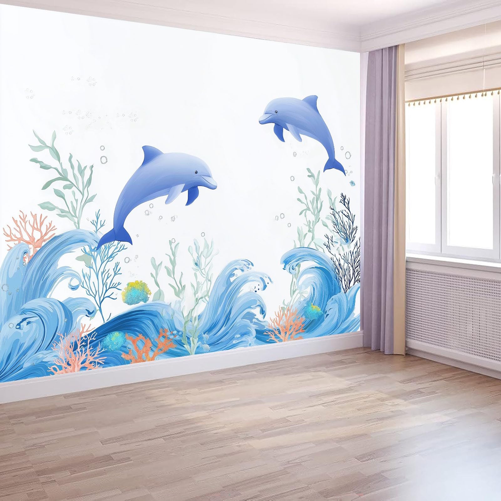 Générique Panoramiczna tapeta kreskówka natura zwierzęta delfin fale koralowe białe 350 x 256 cm - nowoczesny gobelin ścienny z włókniny do salonu, sypialni lub pokoju dziecięcego