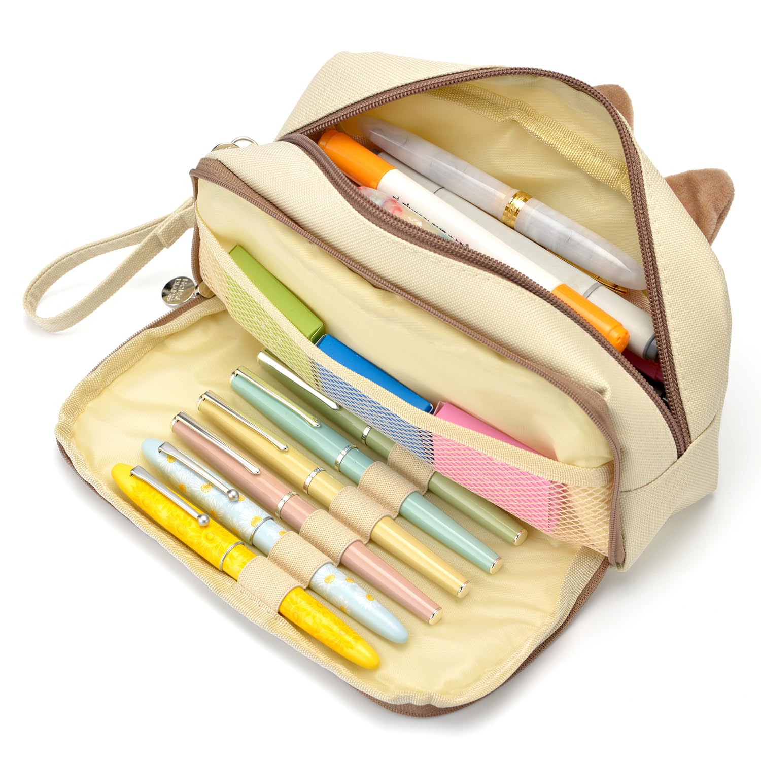Hongdian Large Capacity Pencil Case Cat Design for Office College School Tan, 1 Count (Pack of 1), Pouch - Image 2
