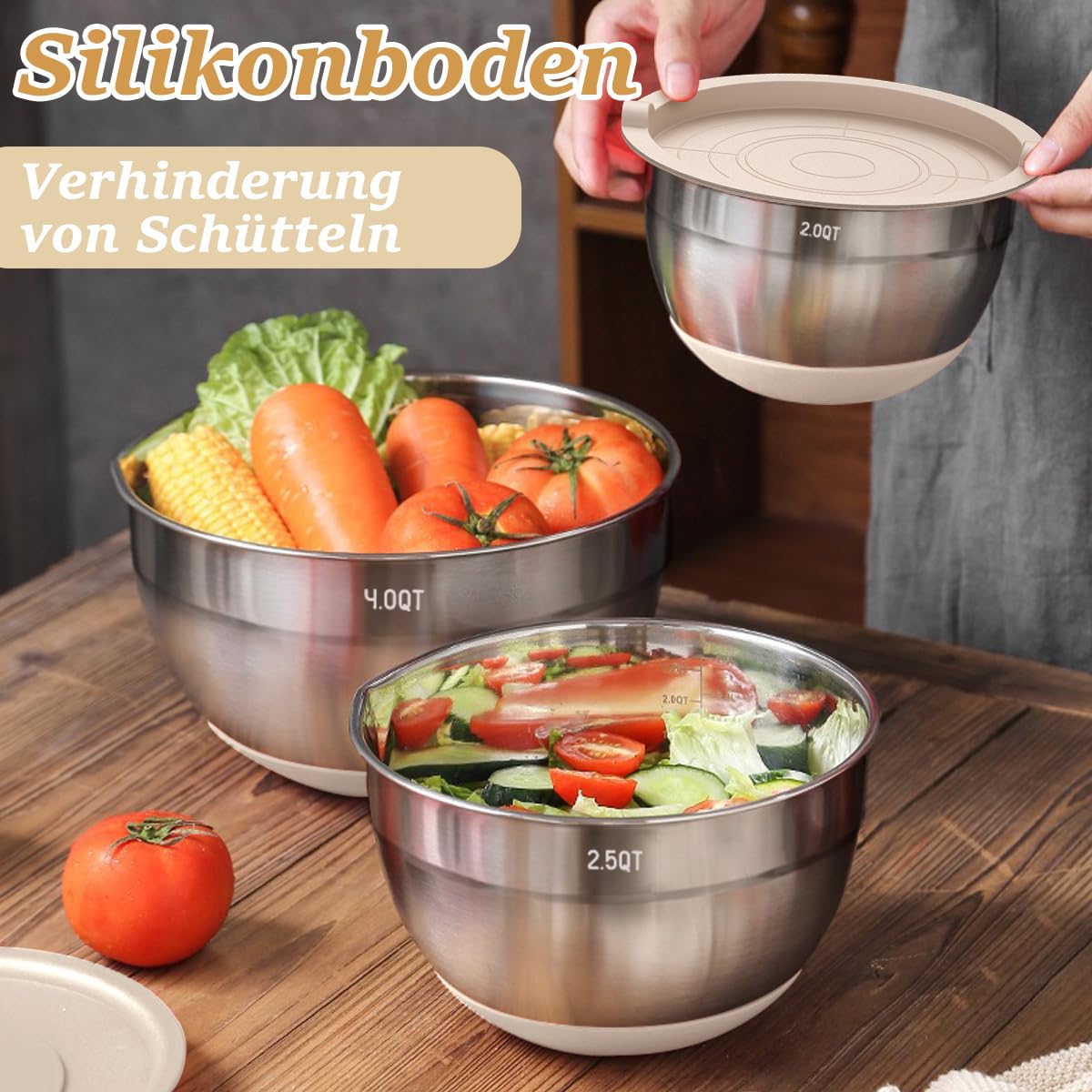 Terlulu Rührschüssel 6er Set, Edelstahl Schüssel Salatschüssel mit Luftdichtem Deckel & Silikonboden, 3 Reibenaufsätzen, Schüsselset zum Backen/Servieren, 6.6 L/3.8 L/2.4 L/1.9 L/1.4 L/0.6 L - Khaki