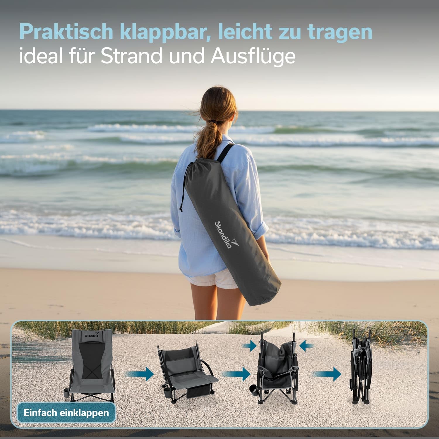 skandika Beach - Silla Plegable de Playa - Malla Transpirable, portavasos, fácil de Transportar y de Plegar - Peso máx. del Usuario 136 kg (Gris)