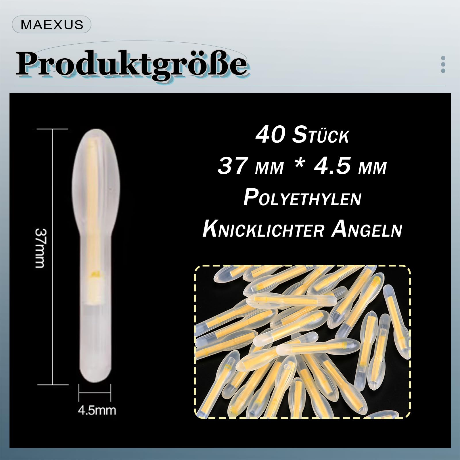 MAEXUS® Świetliki wędkarskie, 40 szt., świecące pręty wędkarskie, zielone 4,5 x 37 mm, świecące boje wędkarskie, świetlik LED, do wędkowania nocnego
