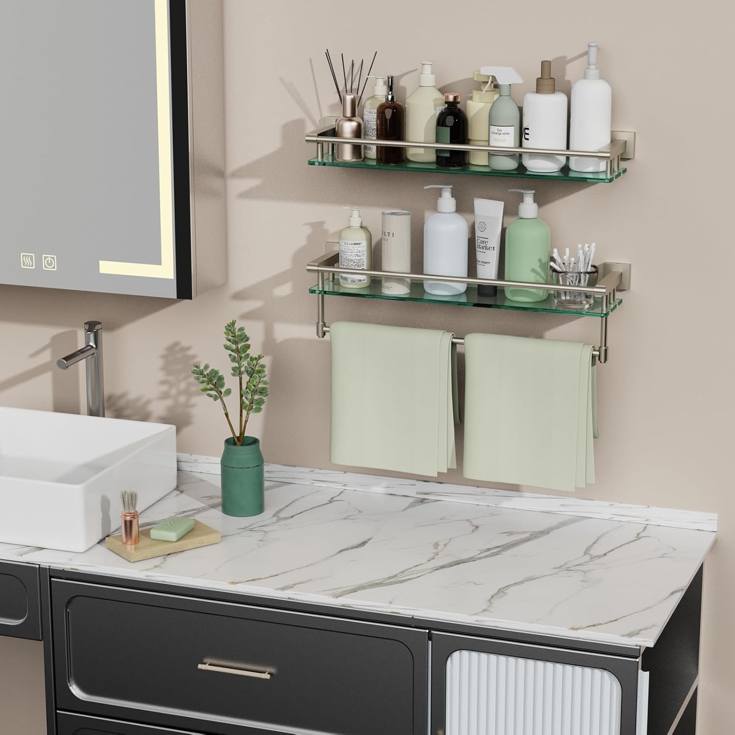 2 Pack Glass Shelf Bathroom Shelves for Bathroom 24inch Rectangular Holder Brackets Stainless Steel Tempered Glass Modern Toilet Storage Stand Mount Accessories Brushed Nickel