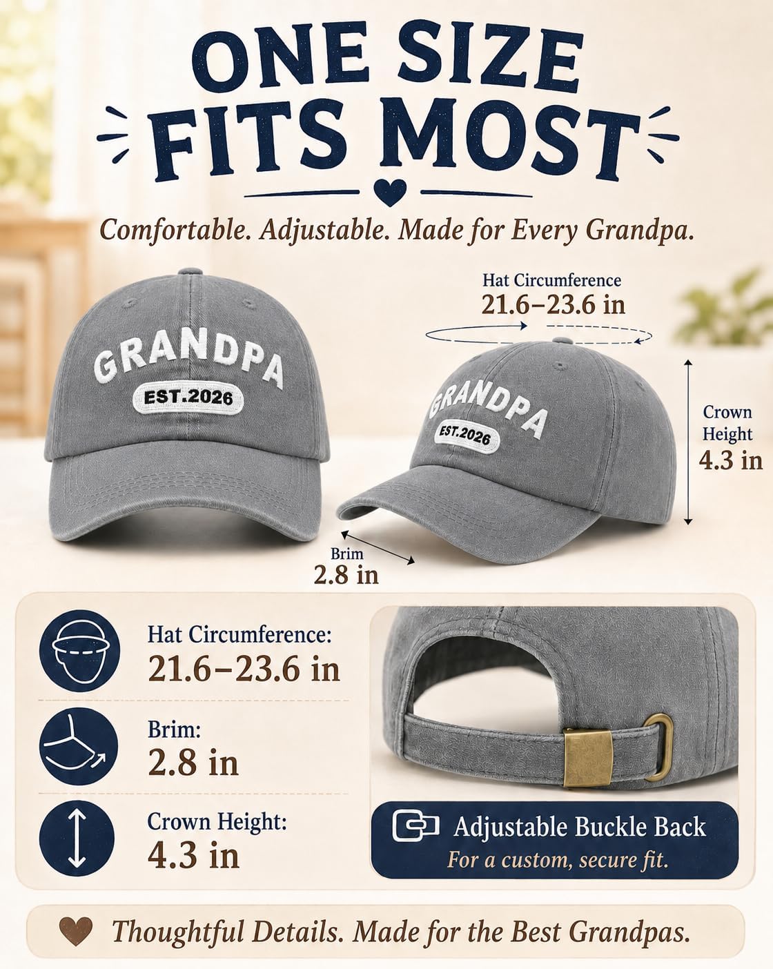 New Grandpa Est 2026 Baseball Cap, First Time Promoted to Grandfather Gift for Men, Adjustable Washed Cotton Grandpa Hat image 5