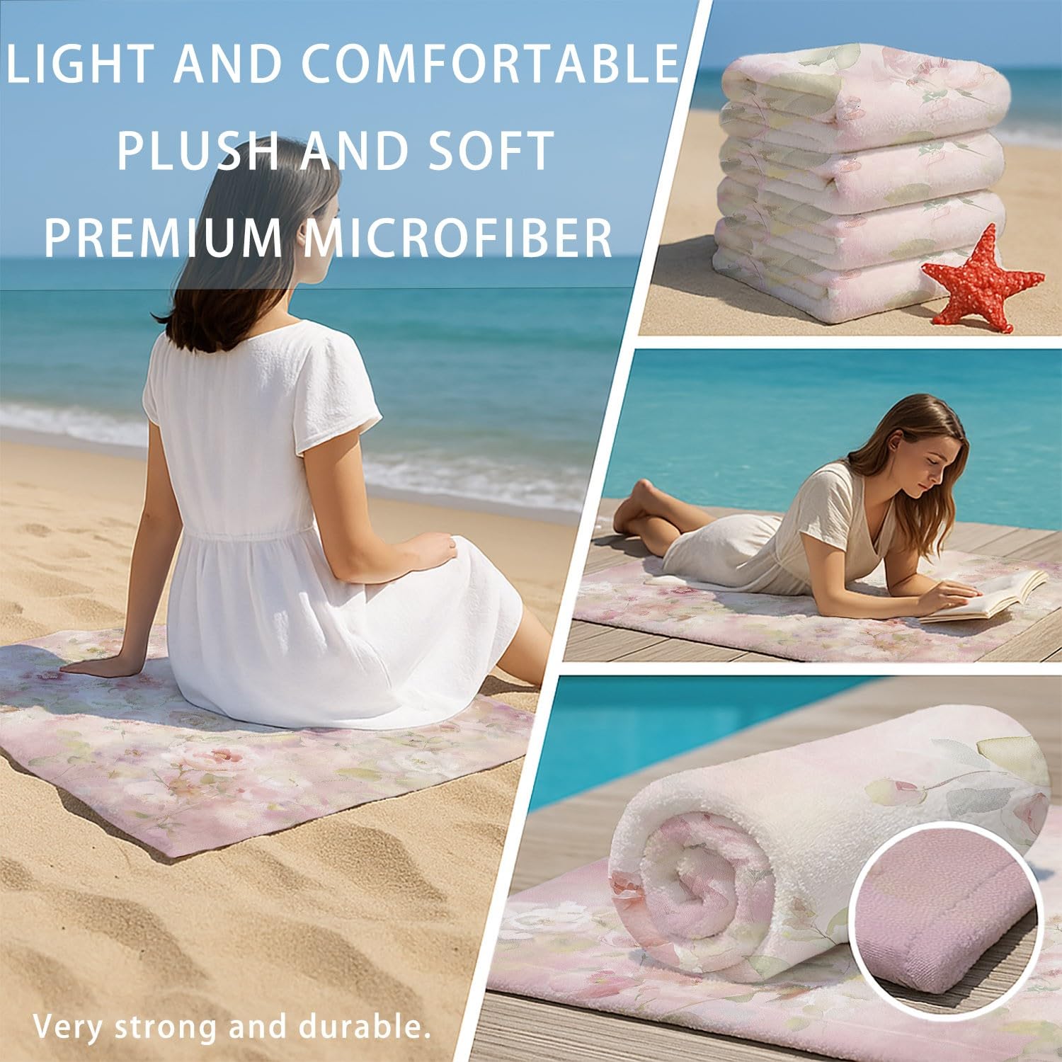 Microfaser Strandtuch 230 x 210 cm - Reisehandtuch Schnelltrocknend Traumhaft, Aquarell Strandtuch Rose, Blumen, Zweige & Blätter für Campen, Picknick, Ausflüge