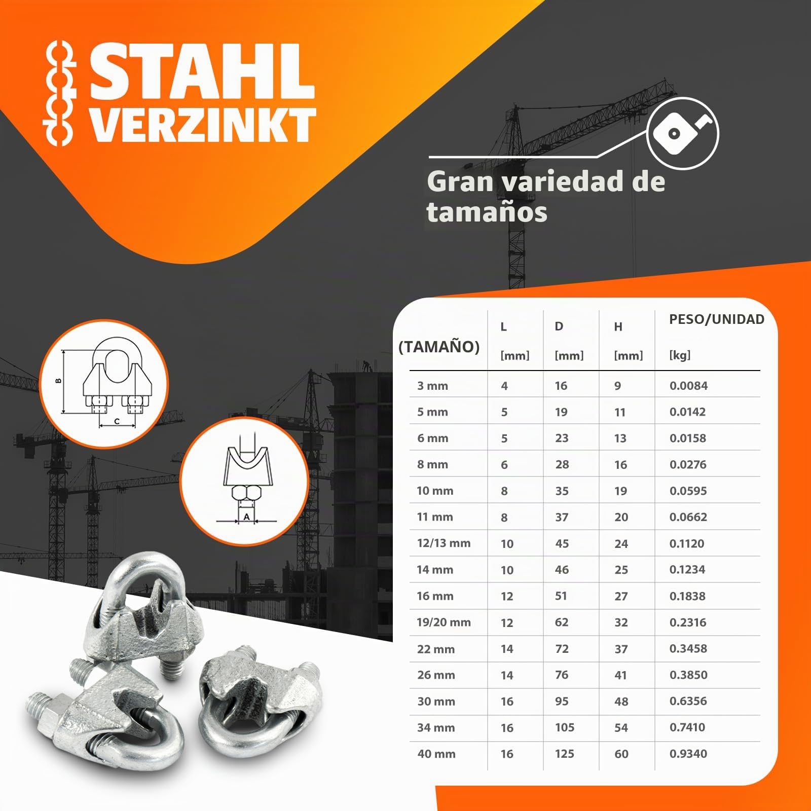 COJUNTO 30m cuerda de alambre galvanizado 6mm hebra: 6x19 + 6 abrazaderas + 2 tensores ojetes/gancho